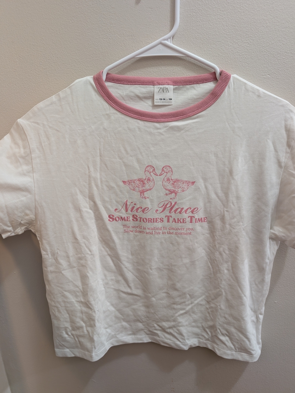 ZARA Graphic Short Sleeve Tee Girls Size 13-14 White & Pink